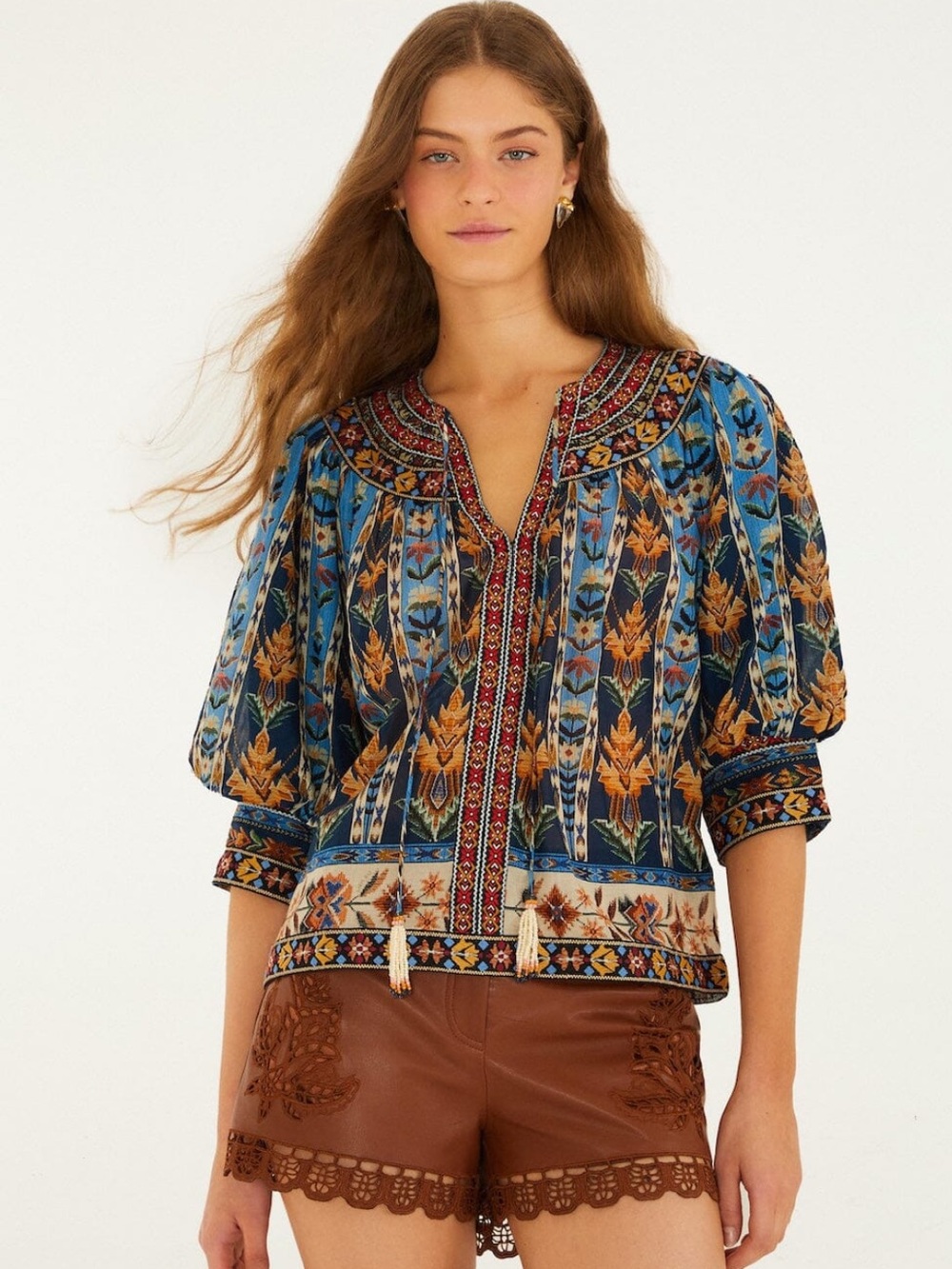 FARM Rio Blue Embroidered Tapestry Tassel Puff Sleeve Cotton Blouse Sz Small NWT
